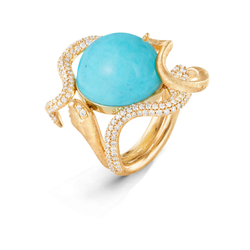 Snakes Pavé 18K Guld Ring m. Diamanter & Turkis