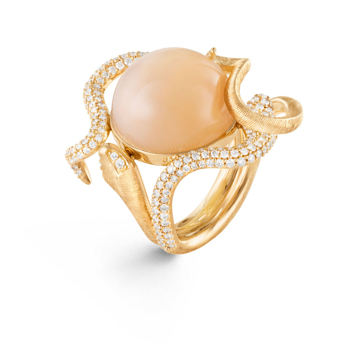Snakes Pavé 18K Gold Ring w. Moonstone & Diamonds