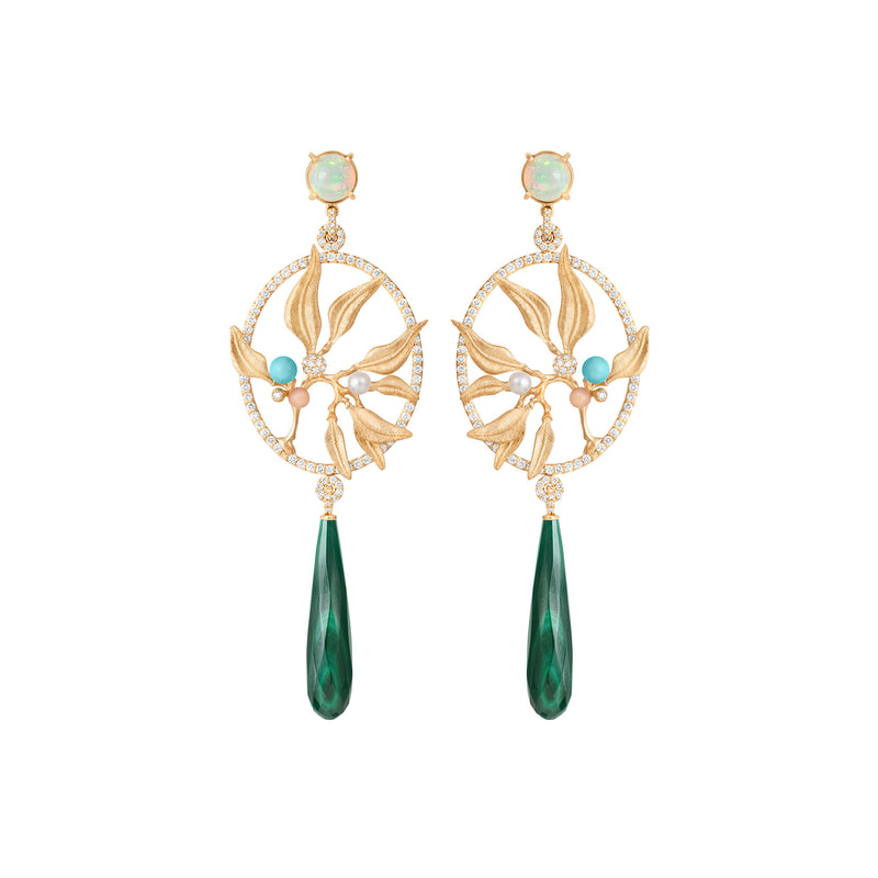 Exclusive Dream Catcher 18K Gold Earrings w. Diamonds, Moonstone, Pearl, Opal, Turquoise & Malachite