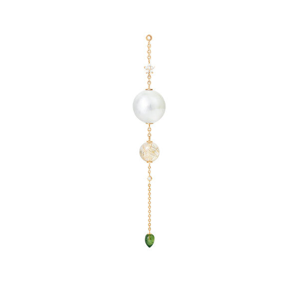 Special Edition 18K Gold Earring-pendant w. Pearl, Diamonds, Tourmaline & Rutile Quartz