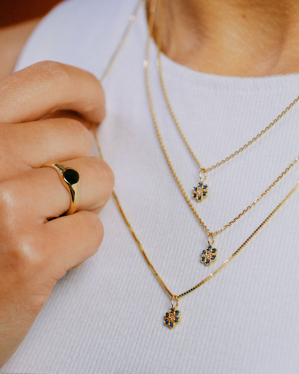 Forget Me Not Flower 18K Gold Pendant w. Topaz