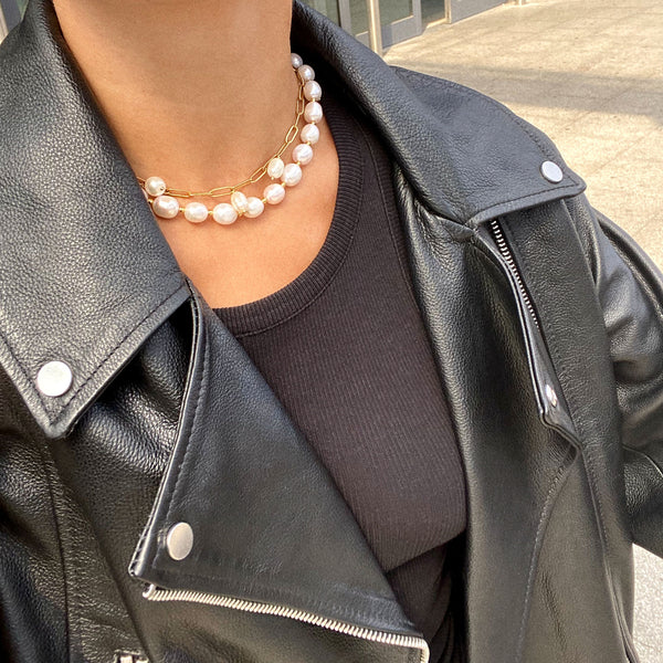 Perlenbesetzte Halskette 18K vergoldet I Frischwasserperlen