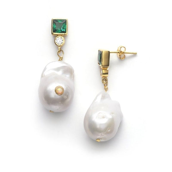 Baroque Green Gold Plated Earrings w. Pearls