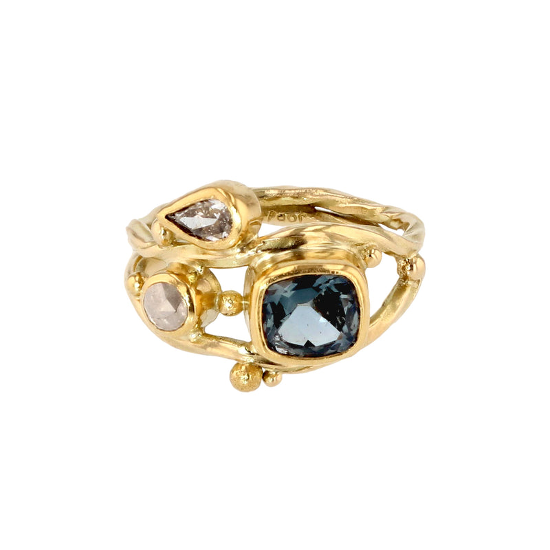 Double Seafire 18K & 22K Gold Ring w. Sapphire & Diamonds