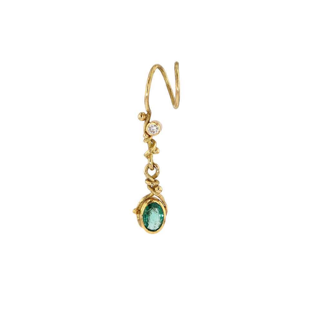 Spiral 18K & 22K Gold Earrings w. Emerald & Diamond