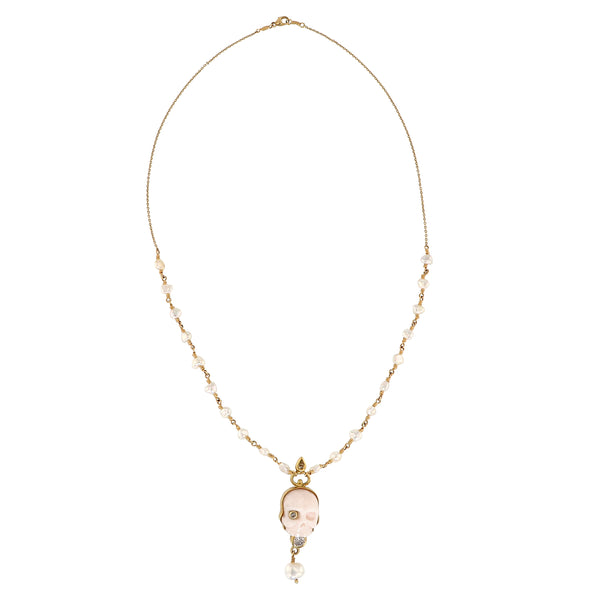 Memento Mori 18K & 22K Gold Necklace w. Diamonds & Pearls