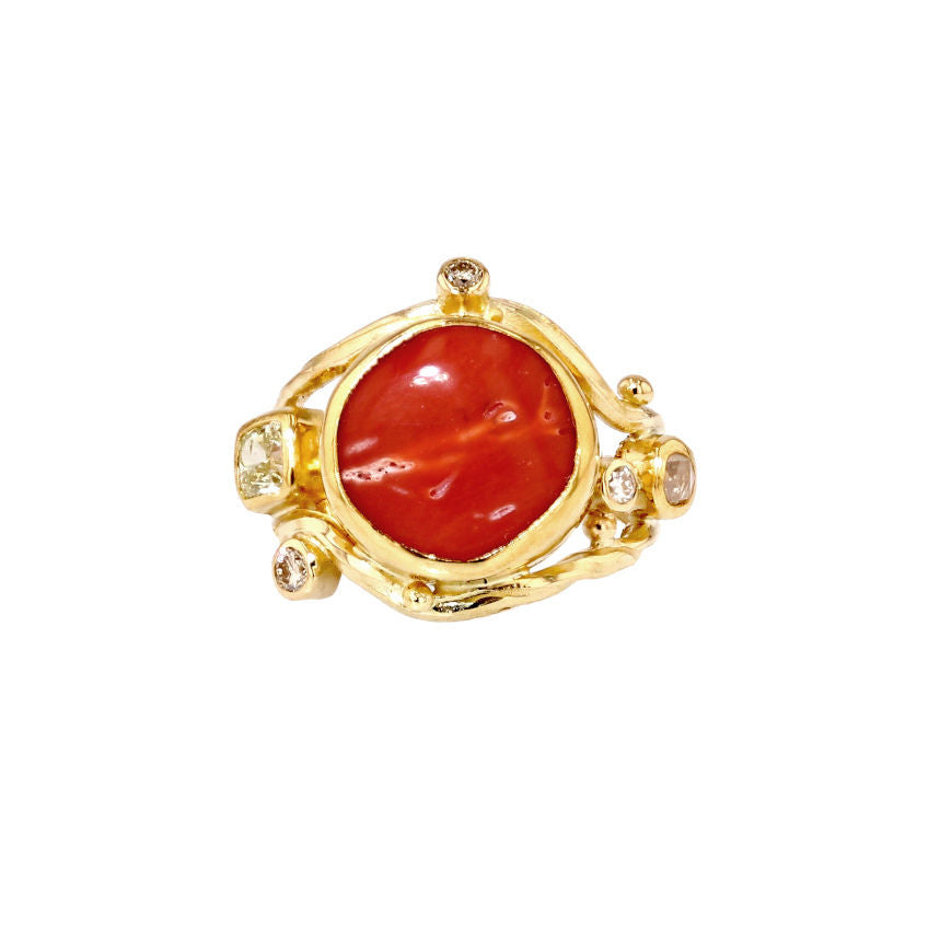 Double Seafire 18K & 22K Gold Ring w. Diamonds & Coral