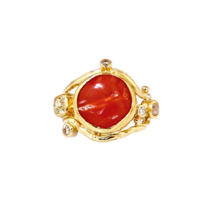 Double Seafire 18K & 22K Gold Ring w. Diamonds & Coral
