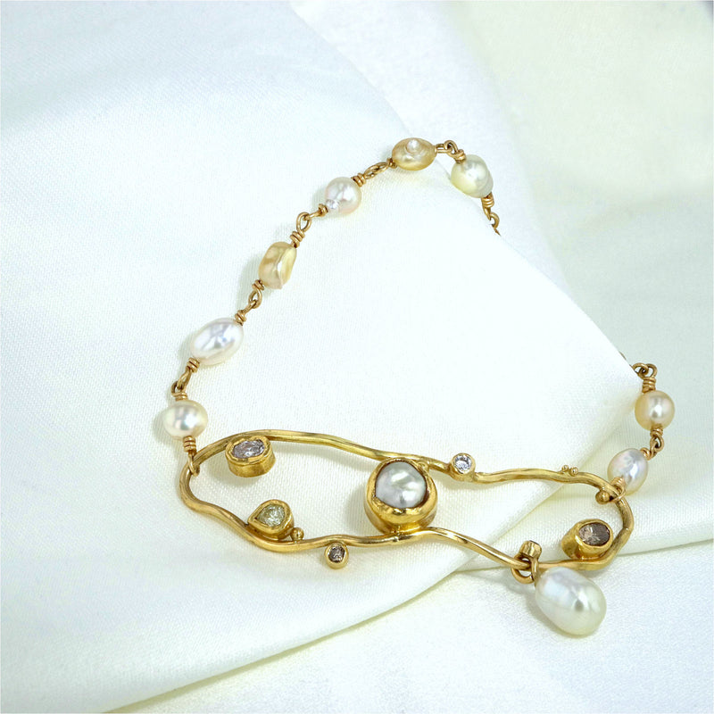 Cloud Keshi 18K & 22K Gold Bracelet w. Diamonds & Pearls