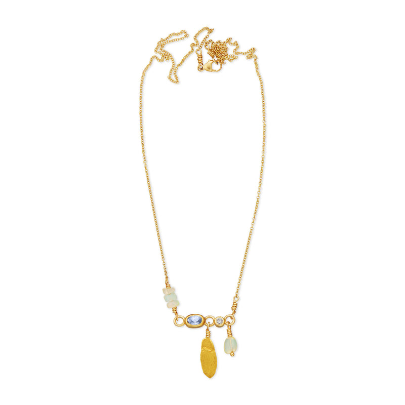 Leaf 18K & 24K Gold Necklace w. Sapphire & Diamond
