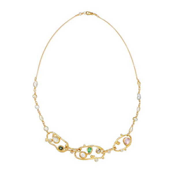 Triple Cloud 18K Gold Necklace w. Diamonds, Emeralds & Ruby