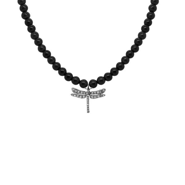 Black Dragonfly Oxidized Silver Necklace w. Onyx & Diamond
