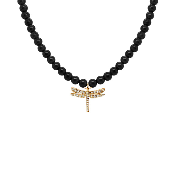 Black Dragonfly 18K Gold Plated Necklace w. Onyx & Diamond