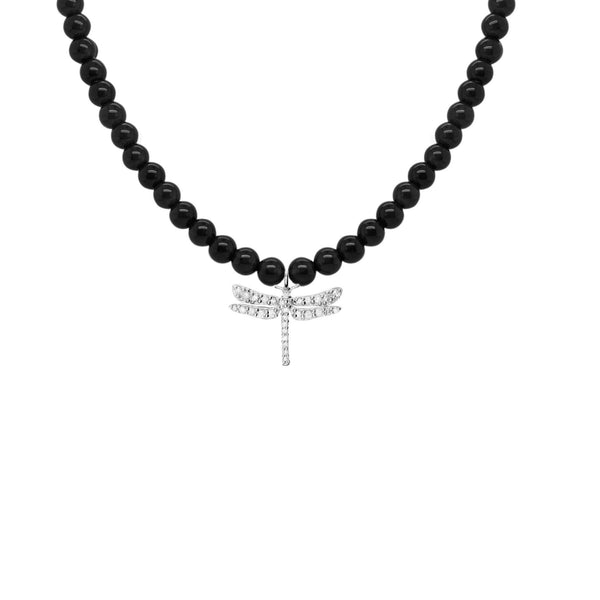 Black Dragonfly Silver Necklace w. Onyx & Diamond