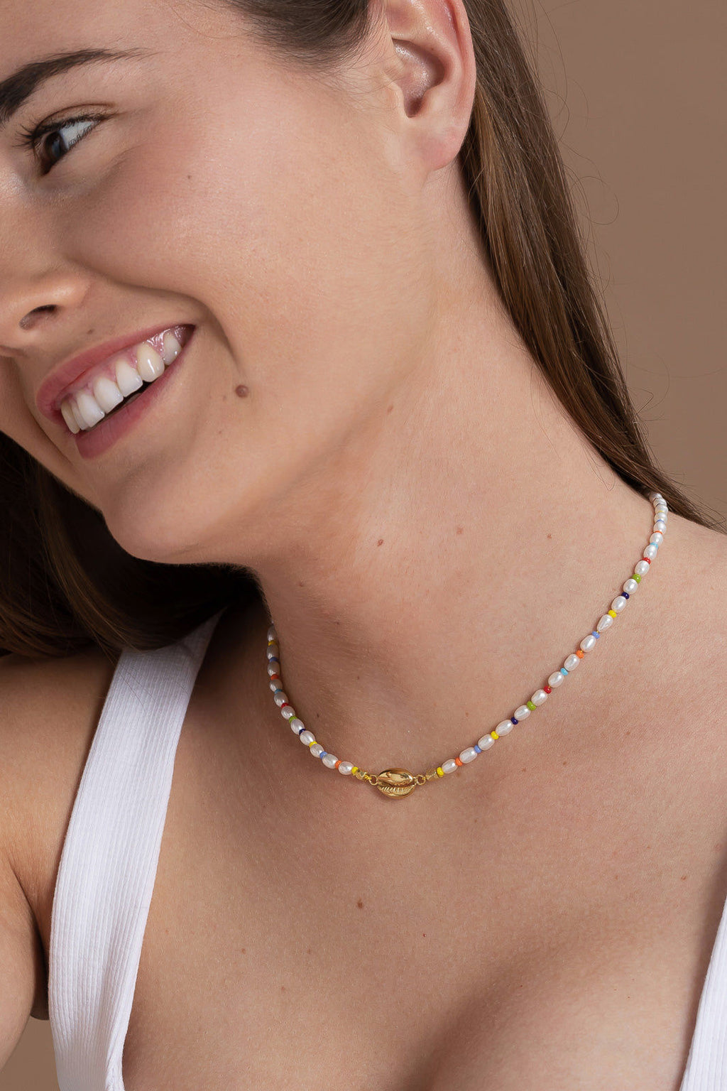 Cowrie 18K Forgyldt Halskæde m. Perler