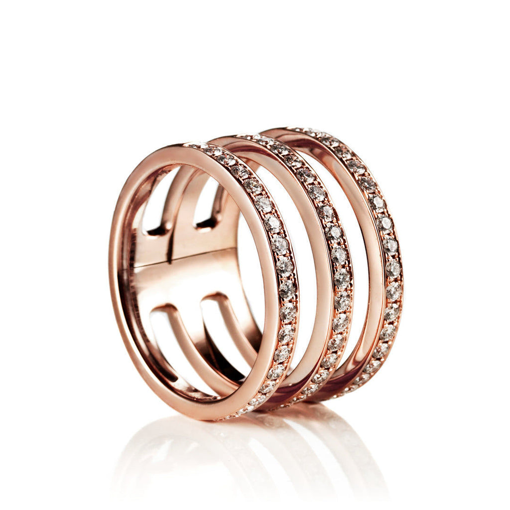 Dreireihiger Single Parallel Goldring aus 18K, Rosegold- oder Weißgold I Diamanten