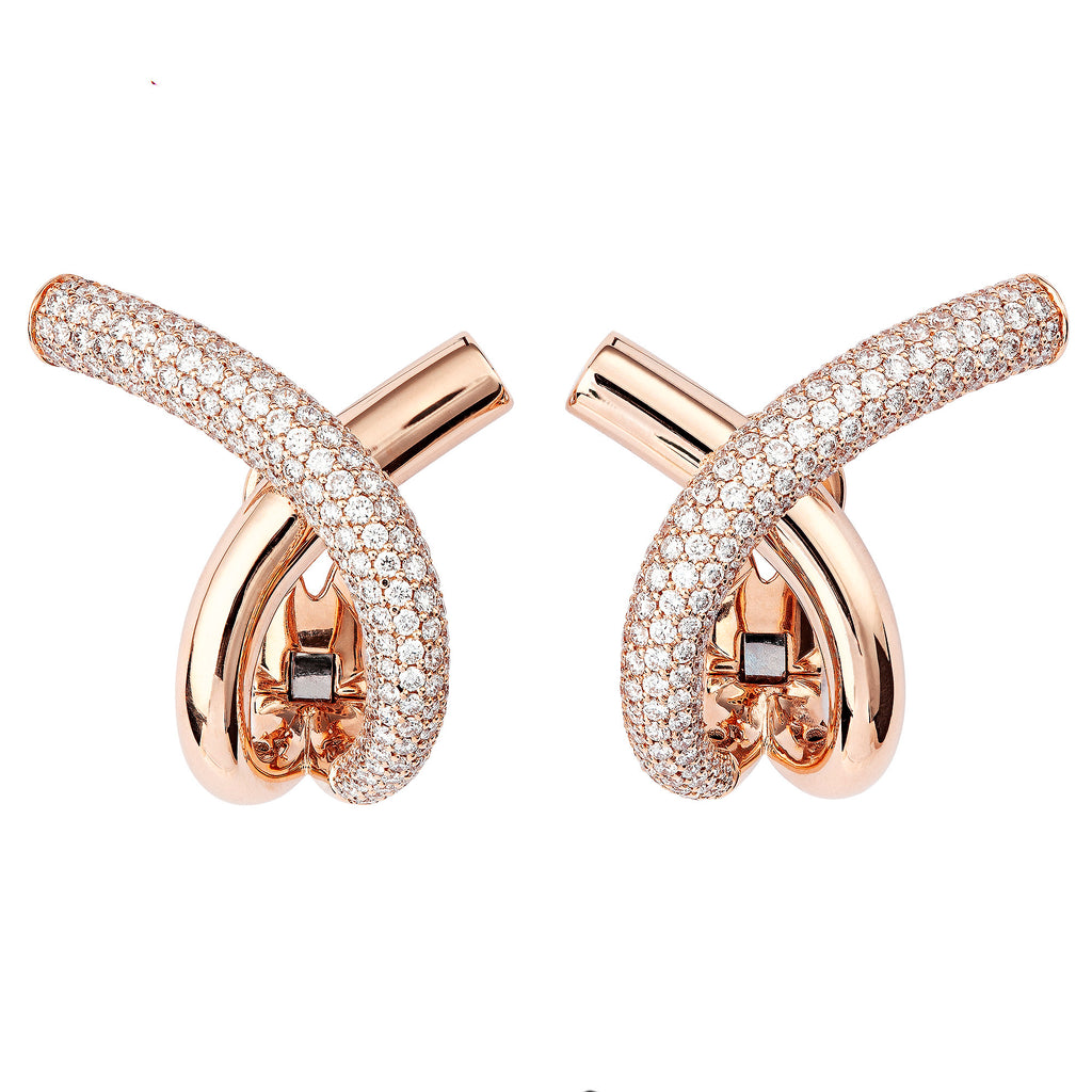 Cross Loop Big Half Pavé 18K Rosegold Hoops w. Diamonds