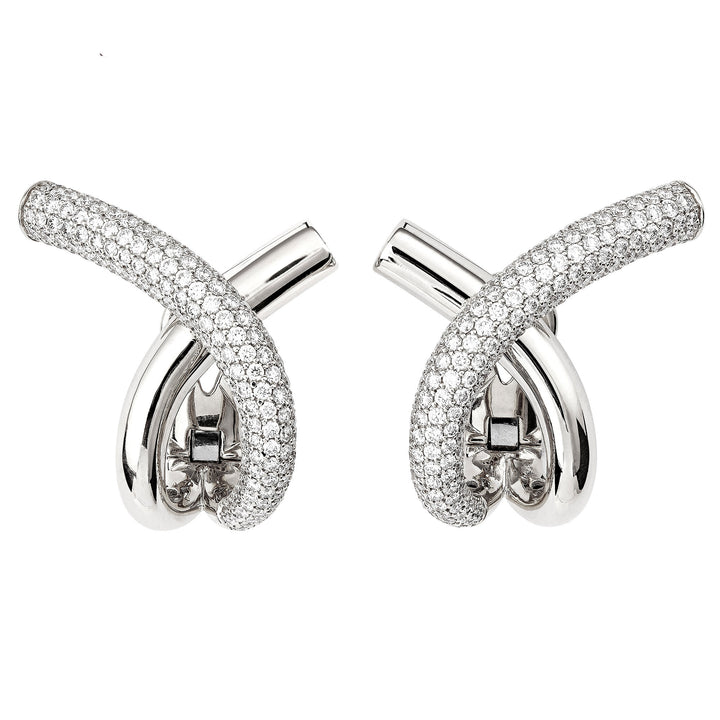 Cross Loop Big Half Pavé 18K Whitegold Hoops w. Diamonds