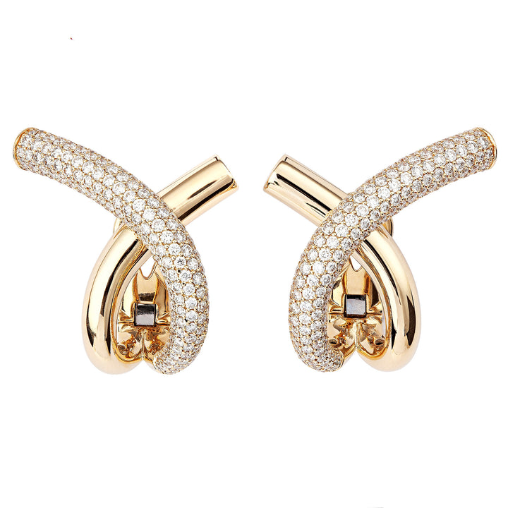 Cross Loop Big Half Pavé 18K Gold Hoops w. Diamanten