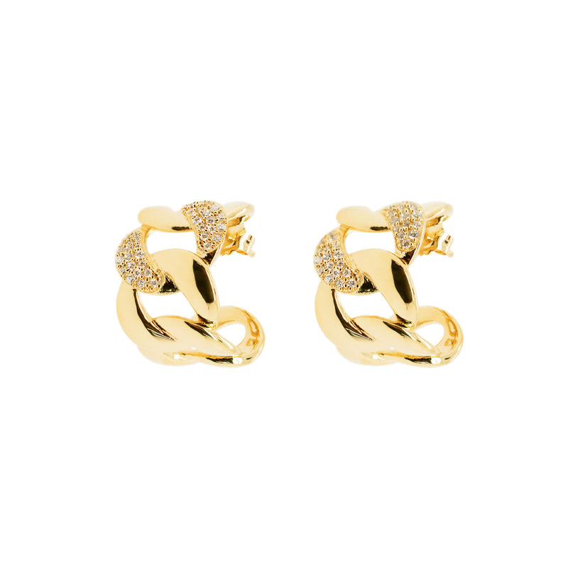 Wide Curb 18K Gold Plated Hoops w. Zirconia