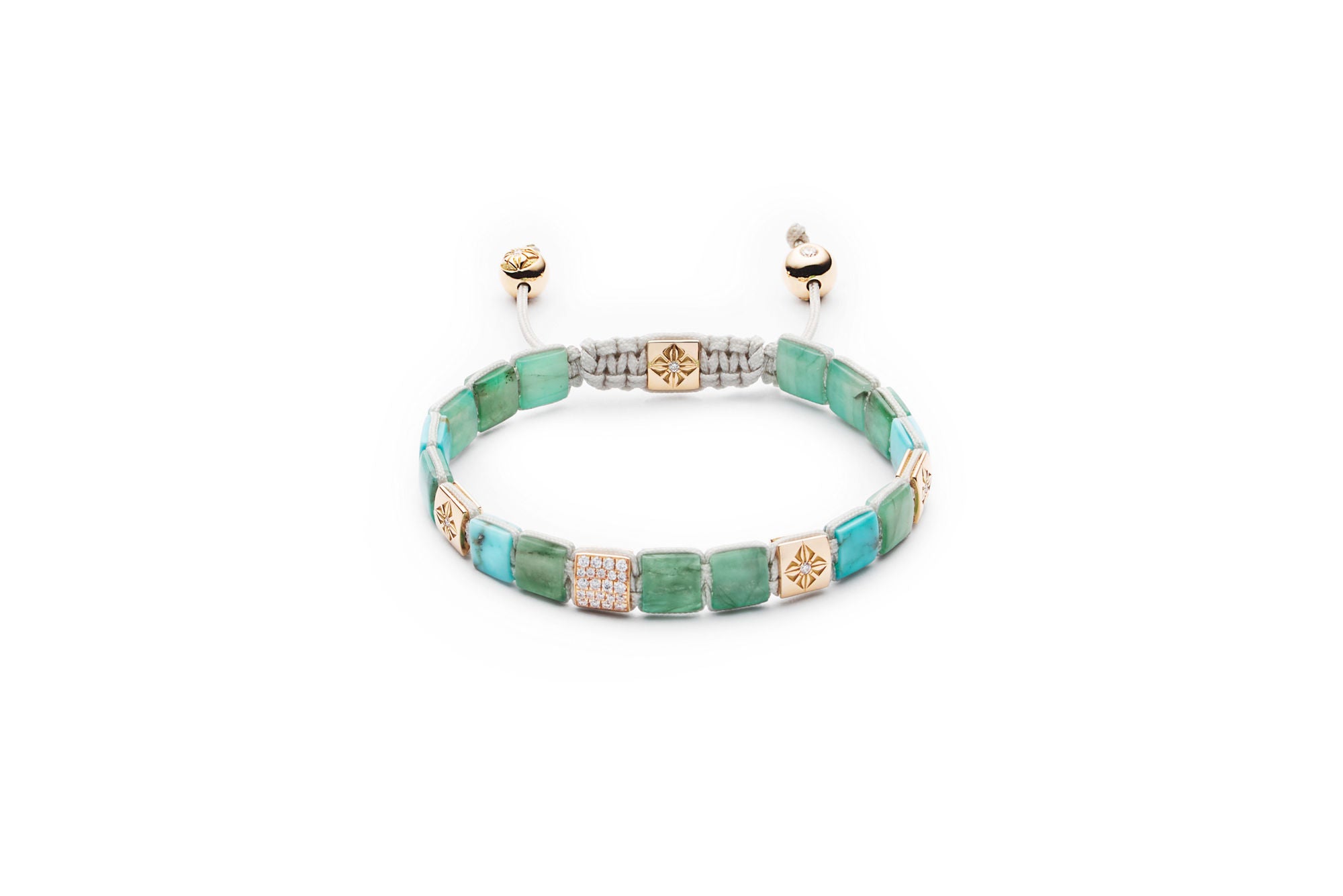 6mm Lock Dusty White 18K Gold Bracelet w. Diamond, Emerald & Turquoise