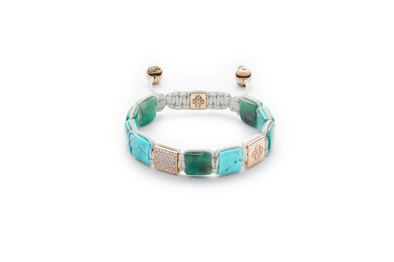 10mm Lock Dusty White 18K Gold Bracelet w. Diamond, Emerald & Turquoise