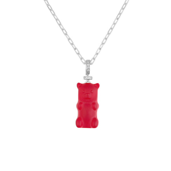 Cherry Gemmy Bear 18K Whitegold Necklace w. Diamonds & Crystal