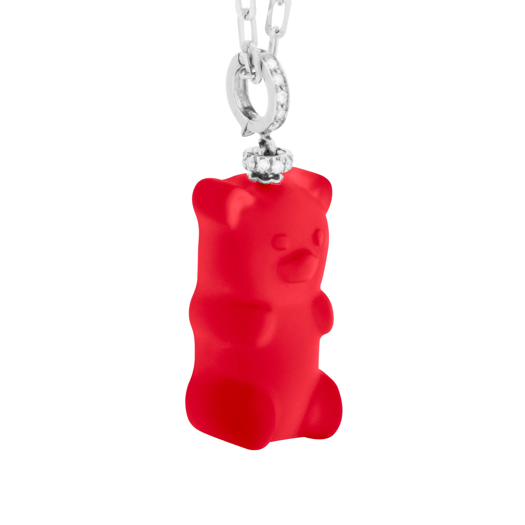 Cherry Gemmy Bear 18K Whitegold Necklace w. Diamonds & Crystal