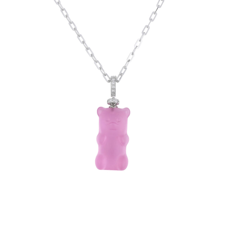 Grapefruit Gemmy Bear 18K Whitegold Necklace w. Diamonds & Crystal