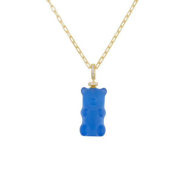Blueberry Gemmy Bear 18K Gold Necklace w. Diamonds & Crystal