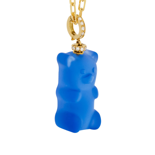 Blueberry Gemmy Bear 18K Gold Necklace w. Diamonds & Crystal