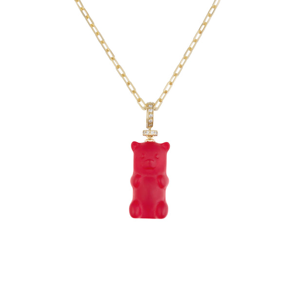 Cherry Gemmy Bear 18K Gold Necklace w. Diamonds & Crystal