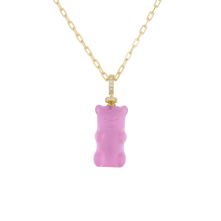 Grapefruit Gemmy Bear 18K Gold Necklace w. Diamonds & Crystal
