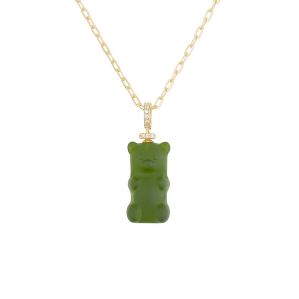 Kiwi Gemmy Bear 18K Gold Necklace w. Diamonds & Crystal