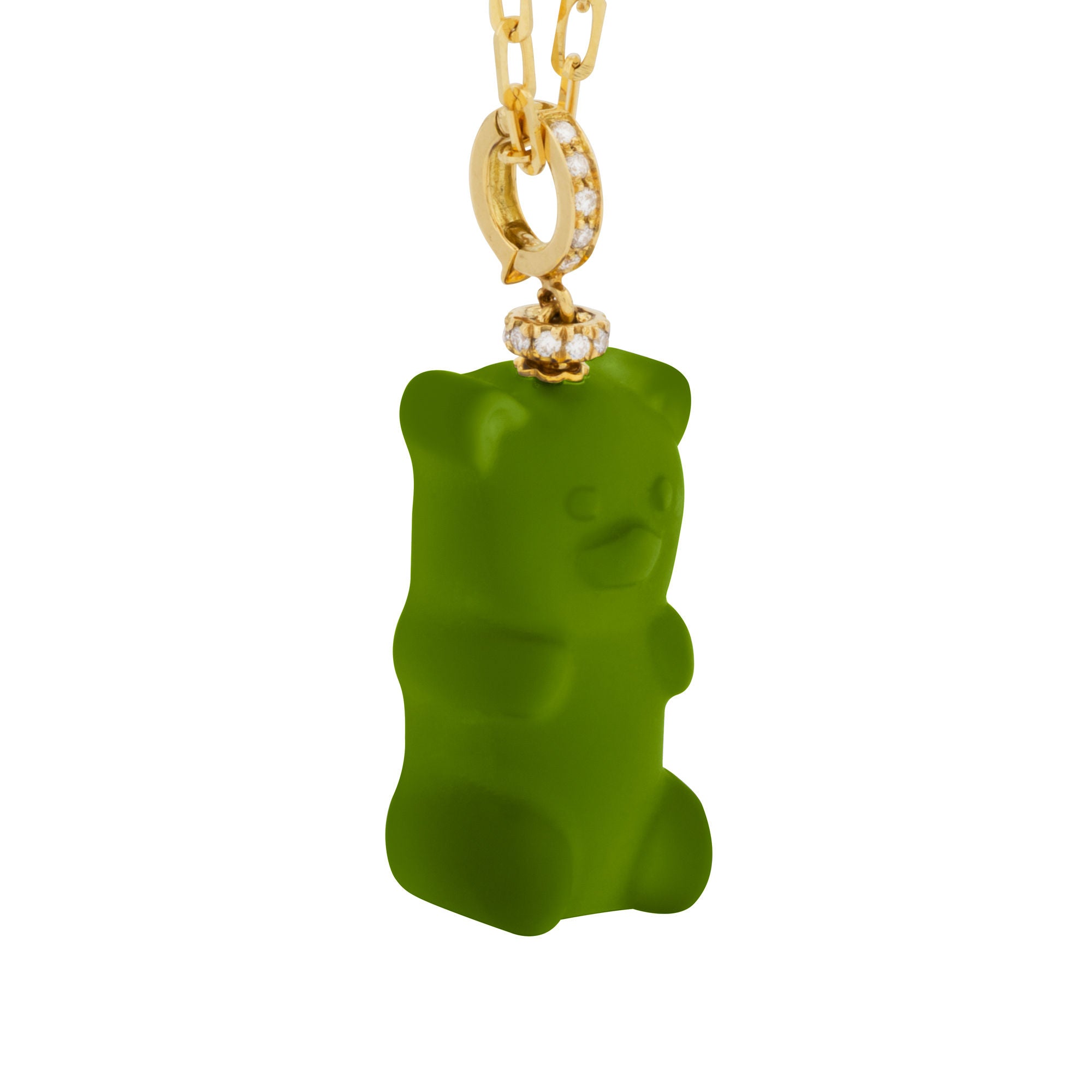 Kiwi Gemmy Bear 18K Gold Necklace w. Diamonds & Crystal