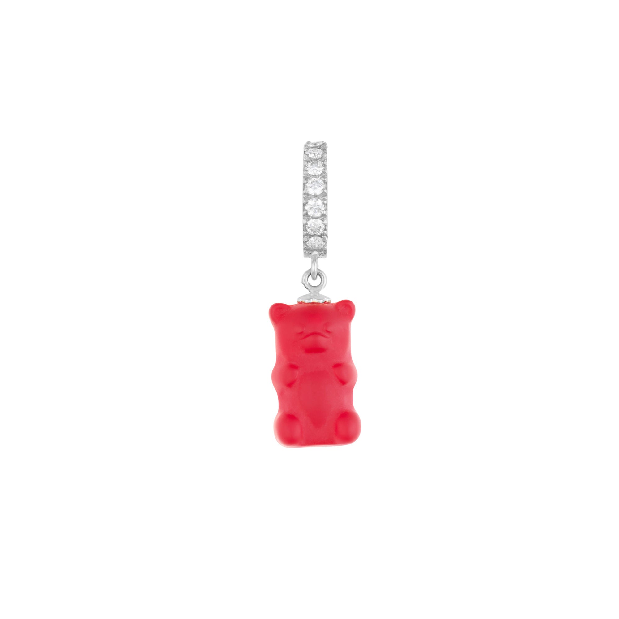 Cherry Gemmy Bear 18K Whitegold Huggie w. Diamonds & Crystal