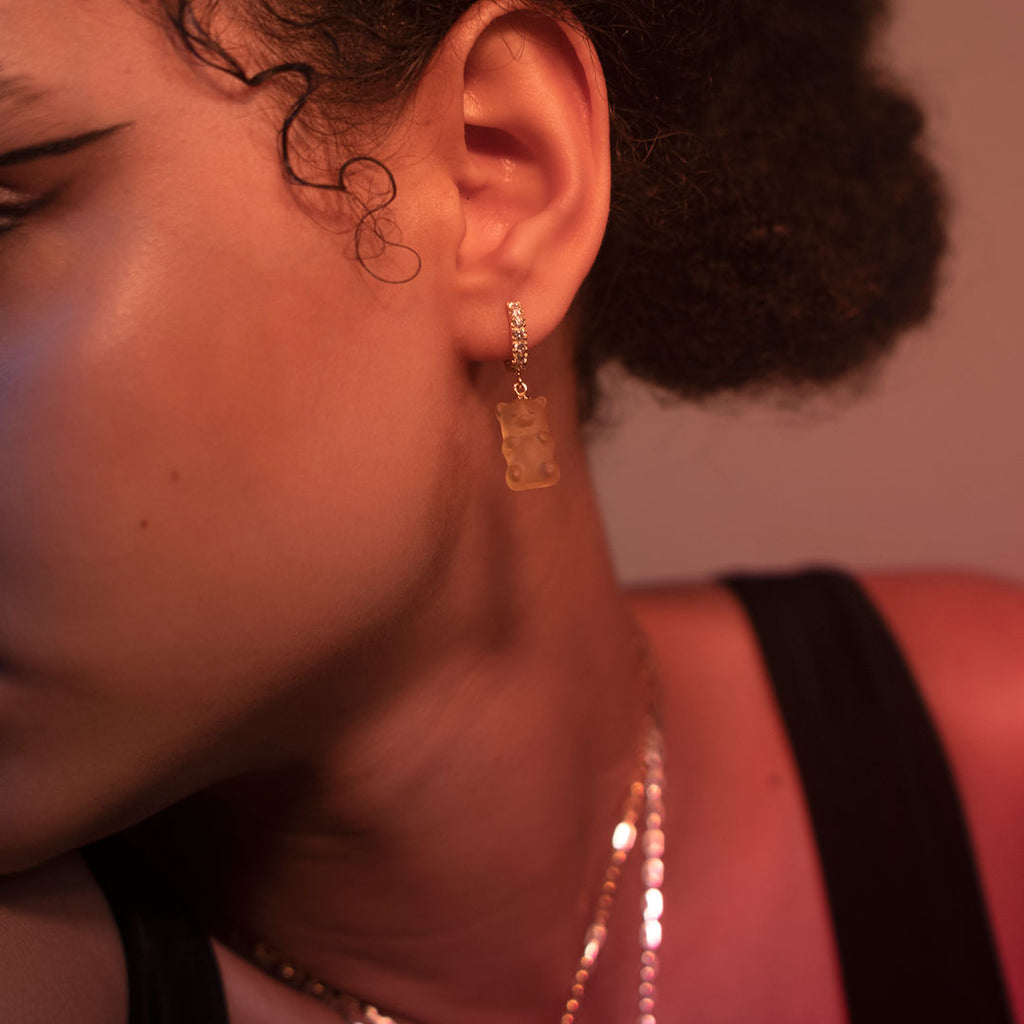 Mango Gemmy Bear 18K Gold Huggie w. Diamonds & Crystal