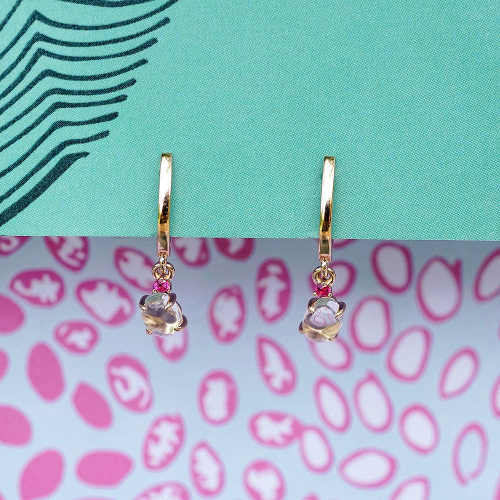 Tiny Cloud 18K Gold or Rosegold Hoops w. Ruby, Sapphires & Tsavorite