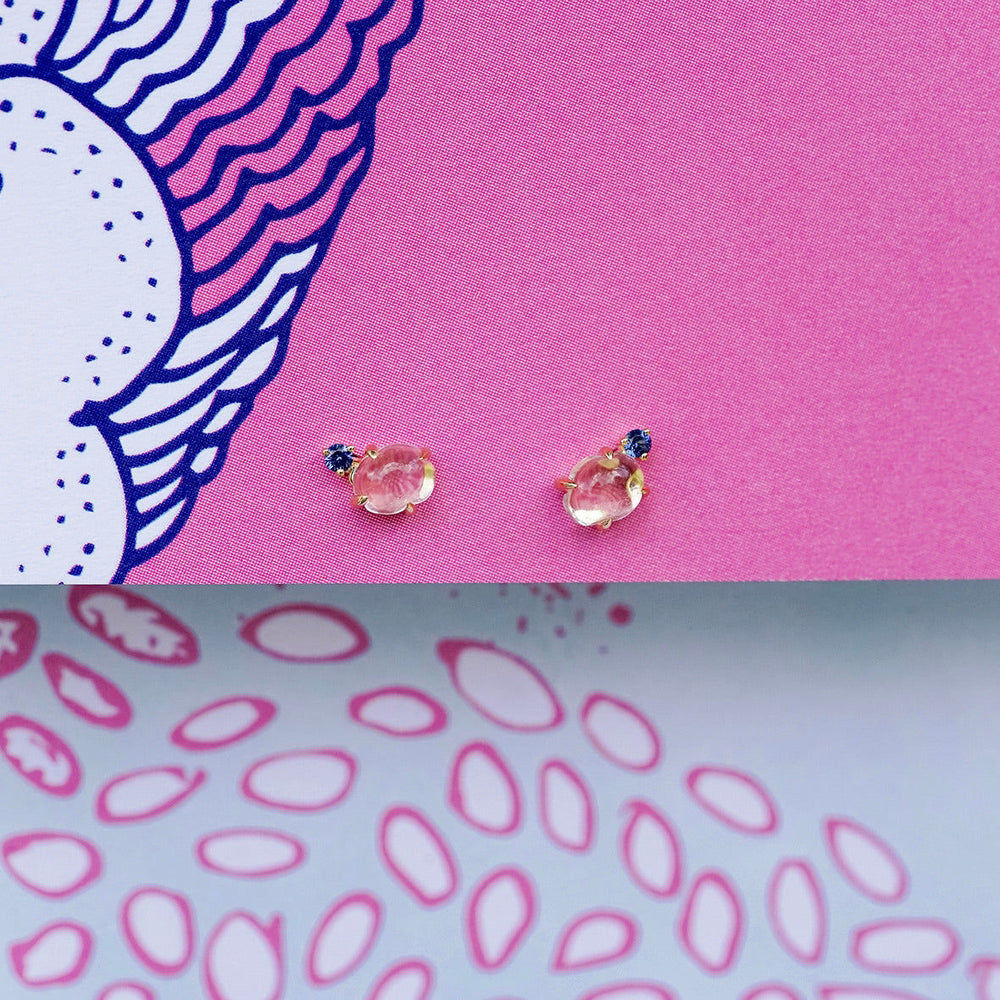Tiny Cloud 18K Gold or Rosegold Studs w. Ruby, Sapphires, Tsavorite & Quartz