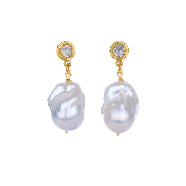 Diamond Slice And Baroque Gold Plated Earrings w. Pearls