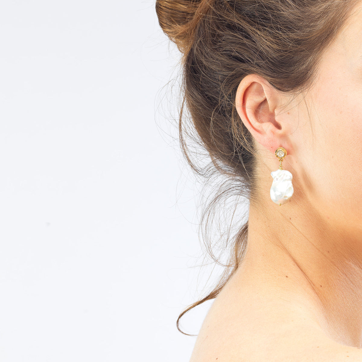 Diamond Slice And Baroque Gold Plated Earrings w. Pearls