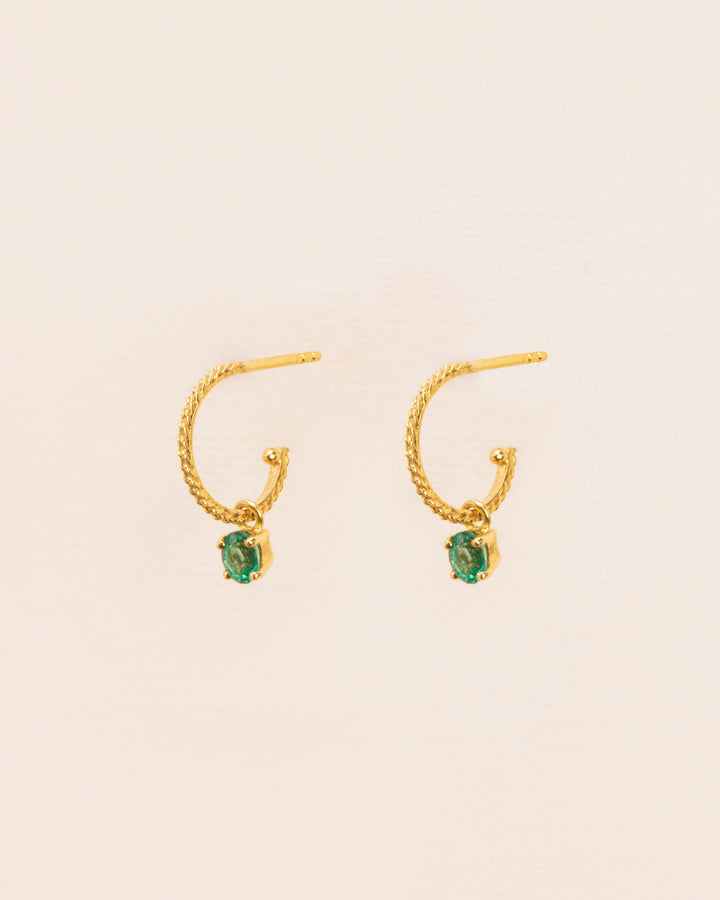 18K Gold Hoops w. Green Emerald