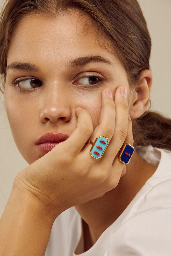 Three Lips Red & Blue Gold Plated Ring