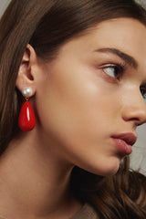 Drop Red & White Gold Plated Earrings w. Pearls