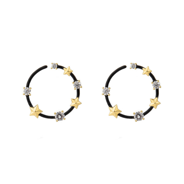 Star and Crystal Black Gold Plated Earrings w. Crystal