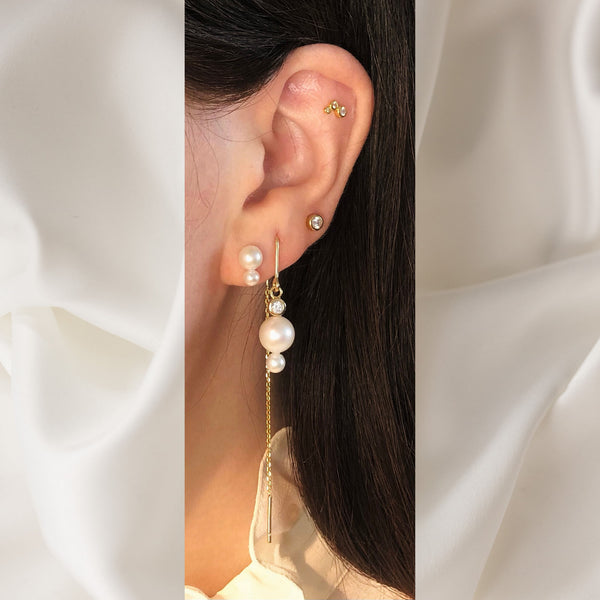 Horizon Hook Threader 18K Gold Plated Earring w. White Pearls & Zirconia