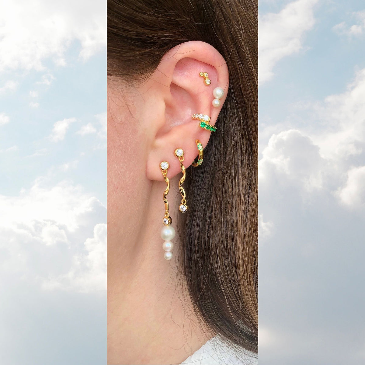 Twirl Pearl 18K Gold Plated Stud w. White Zirconia & Pearls