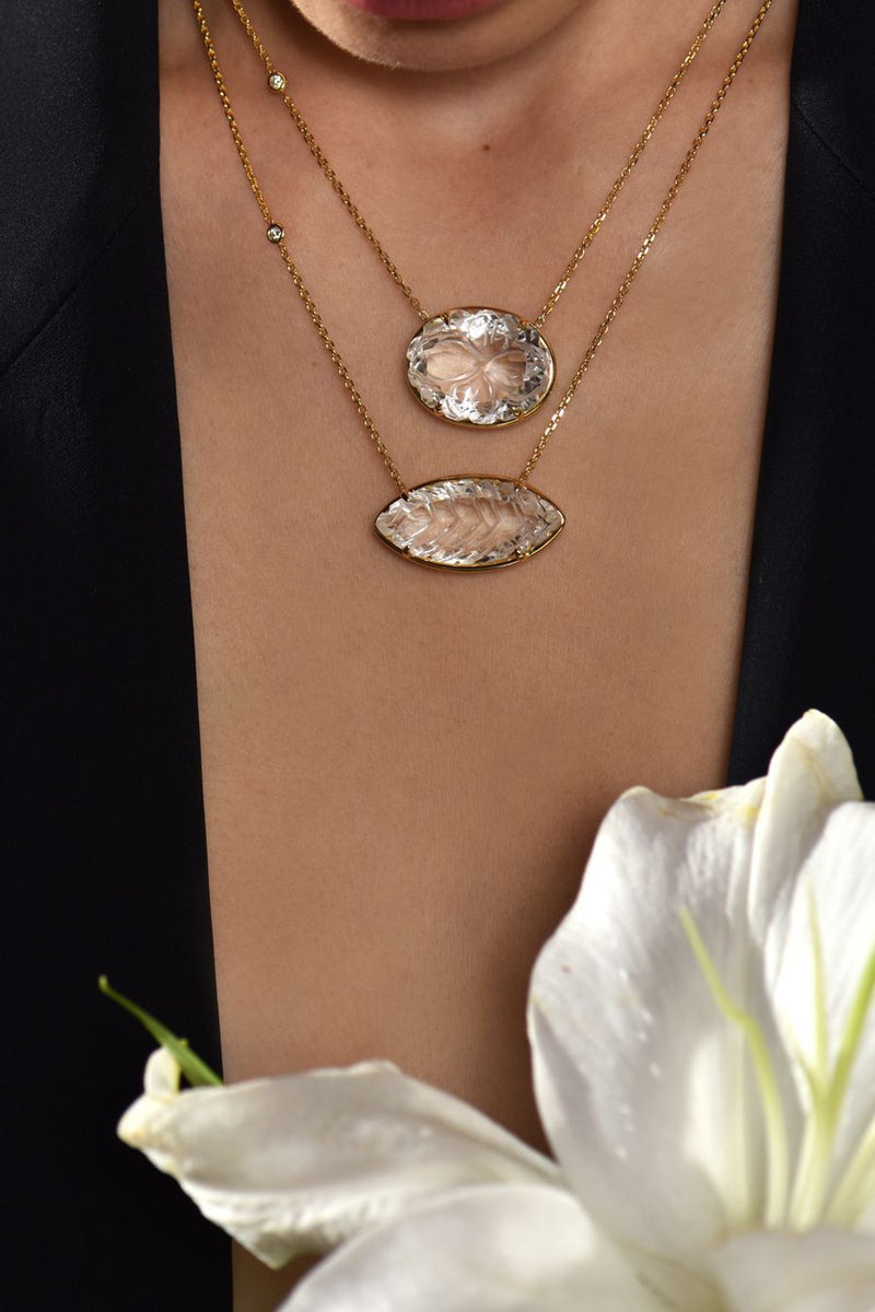 Camelia 18K Gold Necklace w. Diamonds & Crystal Quartz