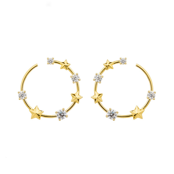 Star and Crystal Yellow Gold Plated Earrings w. Crystal