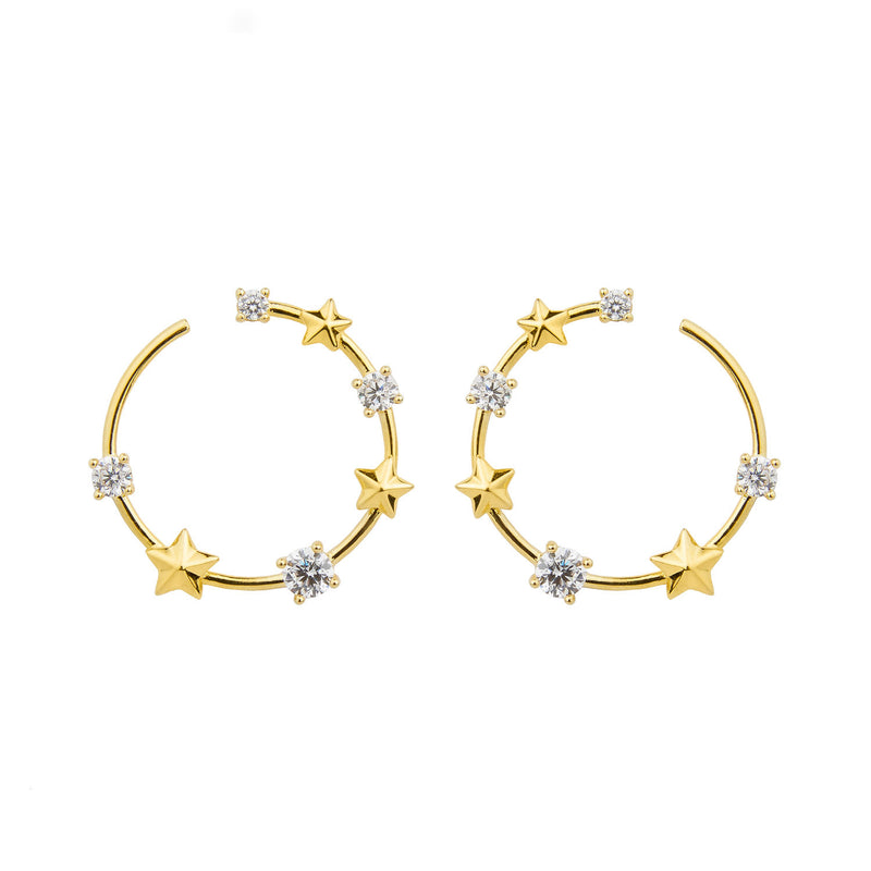 Star and Crystal Yellow Gold Plated Earrings w. Crystal